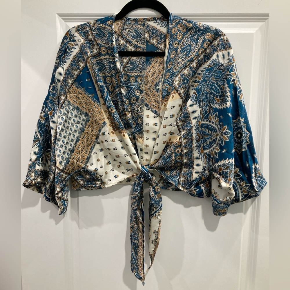 Elegant Tie Front Boho Teal and Cream Cardigan